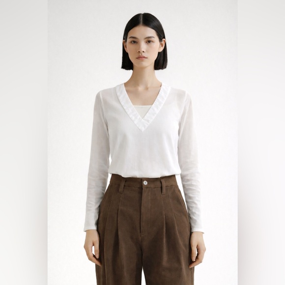 Zara Tops - ZARA - White V-Neck Knit Top | Minimalist French Girl Style